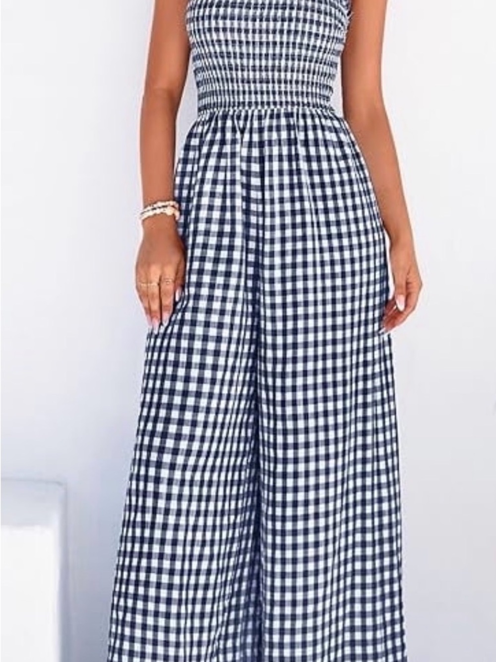 Pretty Garden Smocked Gingham Wide-Leg Jumpsuit - Navy & White